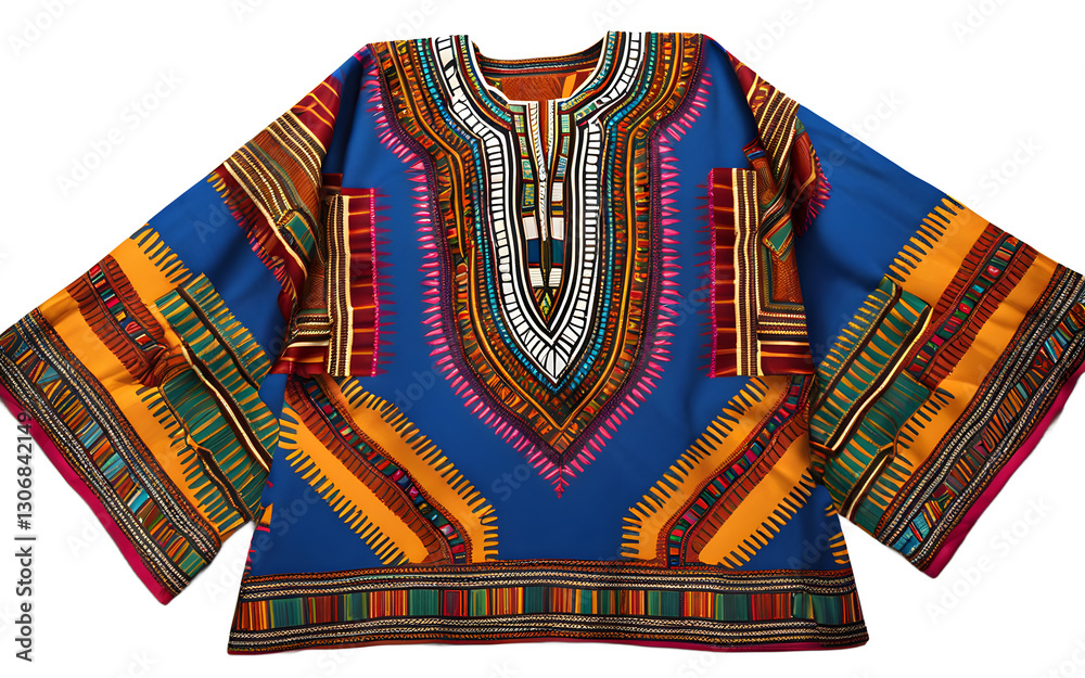Poster a traditional african dashiki with bright colors and geometric patterns, isolated on a empty plain b