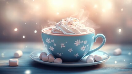 Fototapeta premium Whimsical floral teacup filled with creamy hot chocolate and marshmallows