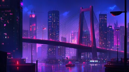 Cyberpunk city skyline at night with bridge and river.