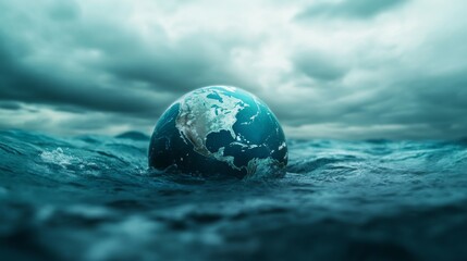 Earth floating on water, illustrating the effects of rising water levels due to climate change and global warming. It is a powerful reminder of the serious situation of our planet.