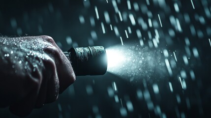 Fototapeta premium Hand gripping a flashlight in a rainstorm, illuminating the dark surroundings and creating a powerful visual contrast.