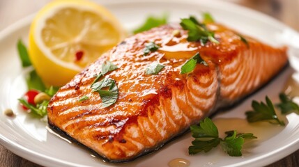 Exquisite plate of grilled salmon garnished with fresh lemon slices and herbs for flavor