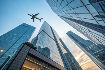Fototapeta premium A stunning worm's-eye view of an airplane taking off above a city filled with high-rise office buildings. 