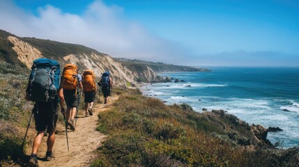 Fototapeta premium Backpackers hiking along a coastal trail with cliffs and the ocean in the background. A bright day with waves crashing on the shore and wildflowers dotting the path. Generative AI