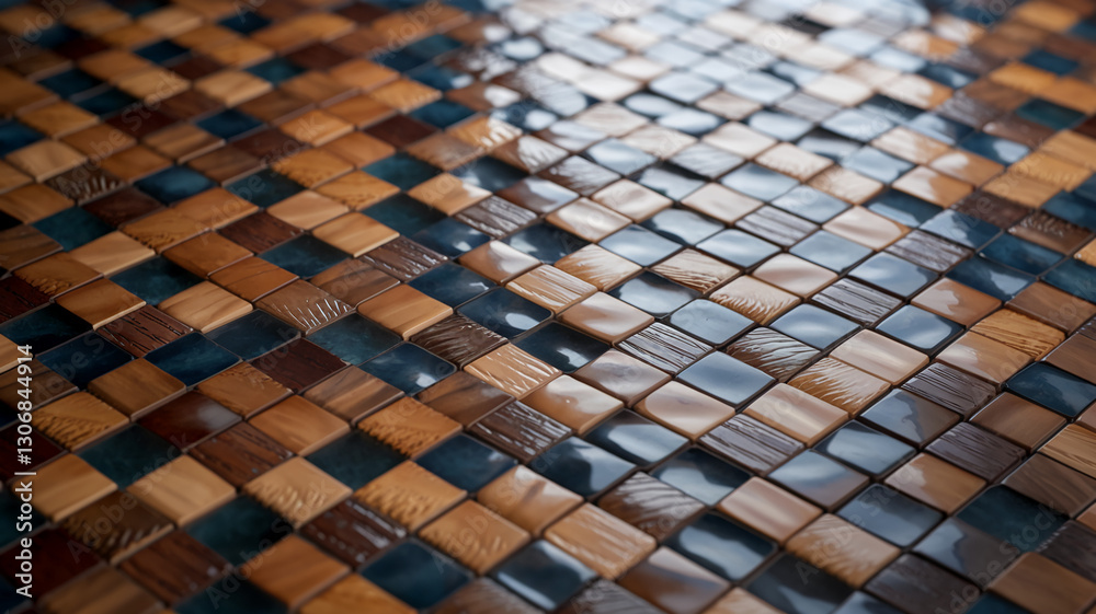 Poster close-up of square tile mosaic texture brown, beige, and blue hues create a geometric pattern, showc