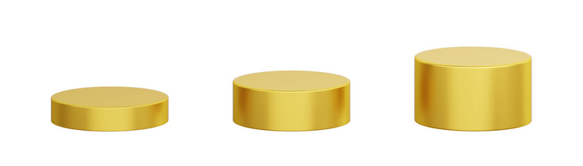 Golden luxury podium pedestal display cylinder circle 3 step. gold material. platform place fashion, cosmetic skincare or beauty product. PNG file. 3D Illustration.