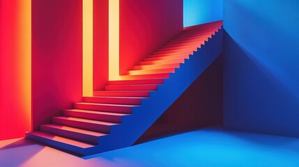 Neon-lit staircase in abstract modern interior.