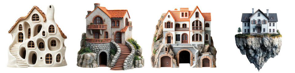 Collection of diverse architectural structures including cottages castles mansions and towers set in picturesque natural landscapes with mountains cliffs and forests