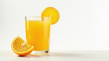 Fototapeta premium Refreshing Glass of Orange Juice with Fruit Slices on a White Background