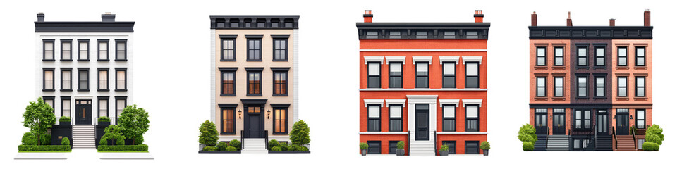 Obraz premium Picturesque row of classic townhouses with varied architectural details and colorful facades lined along a tree lined street in a thriving city neighborhood