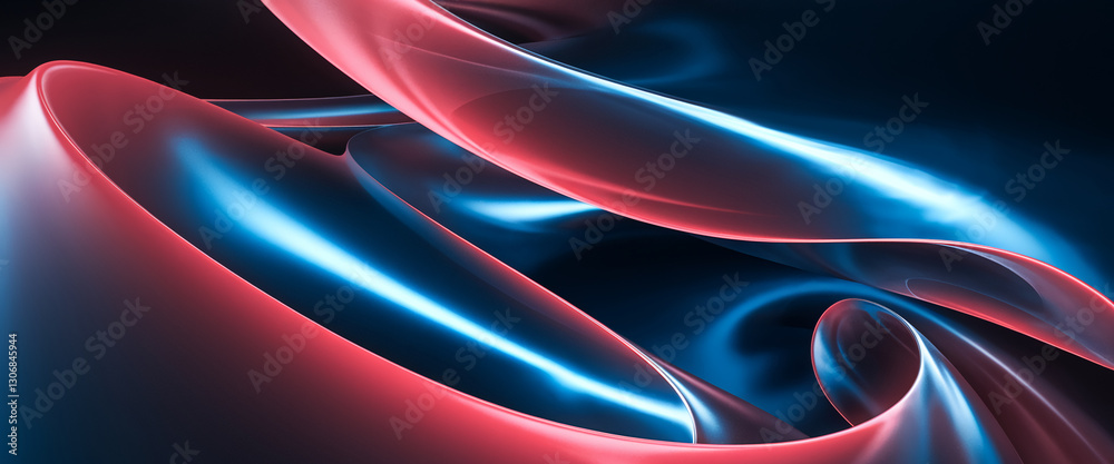 Poster abstract image of flowing, glossy forms in blue and red hues creating a dynamic, swirling compositio