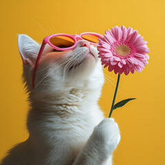 A cat holding a flower in spring