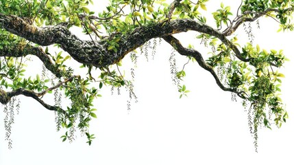 Lush green tree branch with hanging foliage isolated on white.