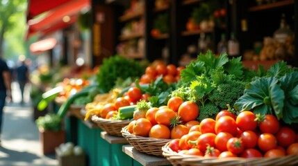 A vibrant display of fresh, sun-ripened tomatoes and assorted leafy greens, showcasing the bounty of a local farmers market