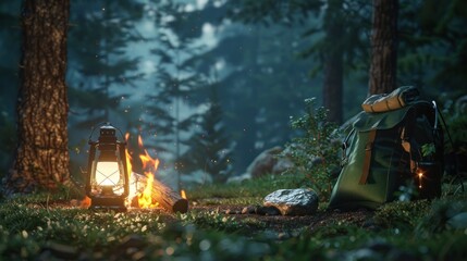 A lit lantern and campfire illuminate a forest camping scene