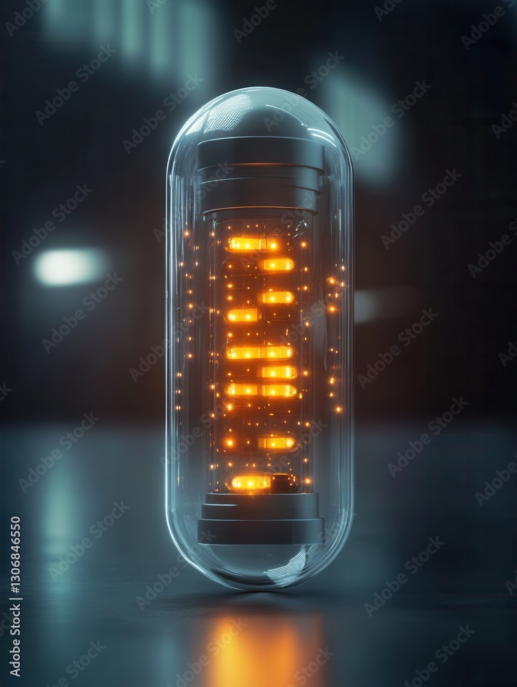 Aufkleber futuristic transparent pill bottle showcasing glowing capsules with a cyberpunk aesthetic in a high 