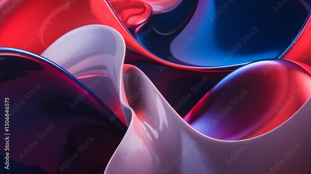 Poster abstract image of flowing, glossy shapes in red, blue, and purple hues creating a dynamic and vibran