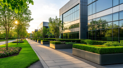 Modern business park showcases sleek architecture and inviting green landscapes