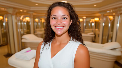 A hotel professional in a crisp white uniform offers a welcoming smile, representing top-tier hospitality. The stylish resort background emphasizes comfort and high-class service.