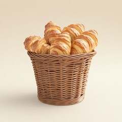 Delicious Croissants in a Woven Basket on a Light Background