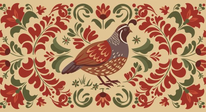 Colorful floral pattern featuring a quail bird amidst vibrant red and green foliage on beige background - codornices codorniz