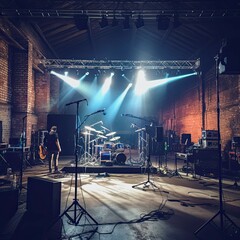Live gig setup in an old brick warehouse. Stage rigging