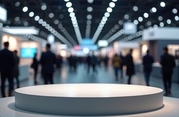 Empty round podium stage for product placement on blurred background of noisy trade show with visitors, exhibition stands. Modern marketing mockup, business presentation stand at exhibition. Blank