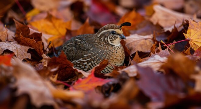 A quail nestled among vibrant autumn leaves, showcasing the beauty of nature in a serene setting - codornices codorniz