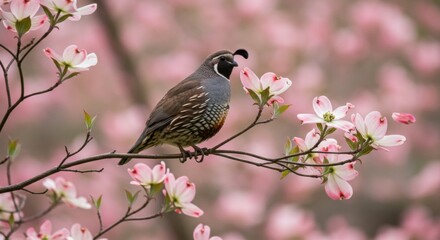 A quail perched on a blooming branch, surrounded by pink flowers in a serene spring setting - codornices codorniz