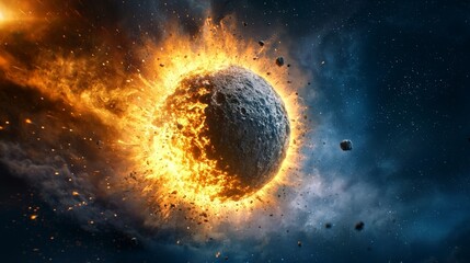 Naklejka premium A fiery celestial body hurtles through space, surrounded by a dramatic explosion, showcasing the power of cosmic events.