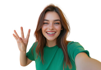 Fototapeta premium Happy woman in a green t-shirt waving her hand and smiling while taking a selfie against an isolated transparent background