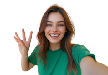 Happy woman in a green t-shirt waving her hand and smiling while taking a selfie against an isolated transparent background