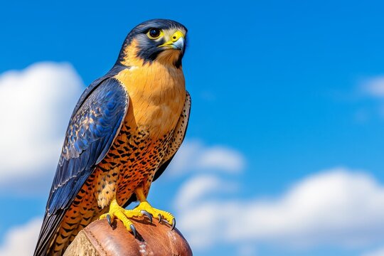 A hunting falcon perched on its trainer&acirc;&euro;&trade;s leather glove, its eyes focused and alert