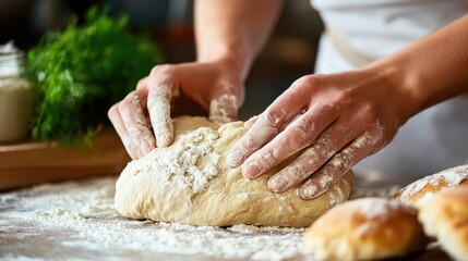 Close-up of hands kneading dough on a floured surface in a kitchen. The artisanal process captures the texture of the dough and hands, emphasizing traditional bread-making techniques. Generative AI