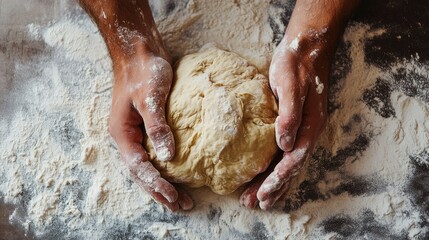 Close-up of hands kneading dough on a floured surface in a kitchen. The artisanal process captures the texture of the dough and hands, emphasizing traditional bread-making techniques. Generative AI
