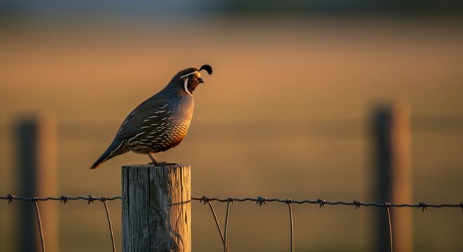 A quail perched on a wooden post, singing at sunset with a blurred field in the background - codornices codorniz
