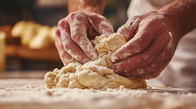 Close-up of hands kneading dough on a floured surface in a kitchen. The artisanal process captures the texture of the dough and hands, emphasizing traditional bread-making techniques. Generative AI