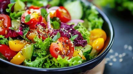 Vibrant salad in a bowl filled with crisp greens and fresh ingredients for healthy eating