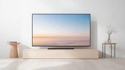 Modern minimalist living room with large flat screen TV, wooden stand, stylish decor in natural light.