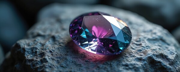 Exquisite Alexandrite gemstone placed on granite stone bed. Multi colored gem shows wealth, luxury, brilliance. Shiny crystal, precious treasure, clear, sparkling light, expensive amethyst on dark