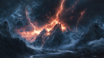 Fototapeta premium Dramatic scene of jagged snowy mountains under a fiery sky illuminated by striking lightning bolts. The contrast between stormy clouds glowing peaks evokes a sense of power intensity. Generative AI