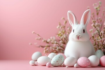 Obraz premium Delicate scene of a rabbit among pastel eggs and flowers.