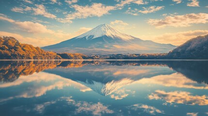 Obraz premium Mount reflected in a serene lake surrounded by lush green forests under a bright blue sky. The iconic mountain and its natural setting convey harmony and tranquility. Generative AI