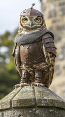 A majestic armored owl proudly perches on a stone pillar. Its fierce gaze reflects strength and wisdom. This unique creation combines nature with fantasy elements. Generative AI