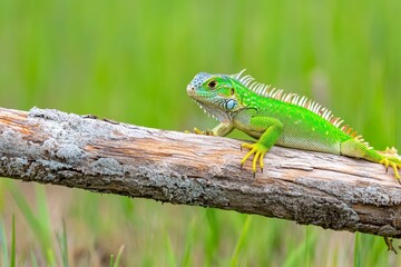 Obraz premium A juvenile green iguana resting on a branch, its sharp claws gripping the bark