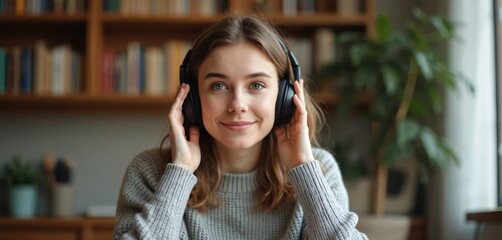 Smiling woman with headphones in video call. Brunette female talking online in conference. Pretty girl with hand on headset enjoys audio listening. Remote studying, e-learning and telecommunication.
