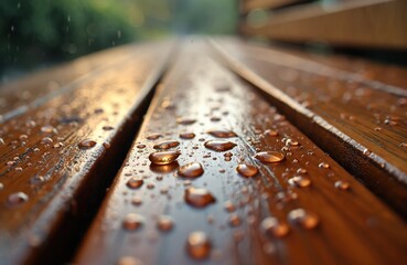 Waterproof wooden boards after rain shower. Water beads magnifying wood grain, texture on deck floor. Coated plank with varnish, polish protection. Weather aftermath after humid, shiny, glossy rain.