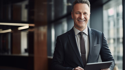 Fototapeta premium Elegant Middle-Aged Financial Executive Using Digital Tablet in Modern Office
