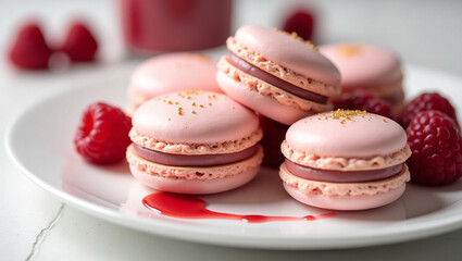 Fototapeta premium Pink Raspberry Macarons Dessert Restaurant Fine Dining French Sweet Treat Stack