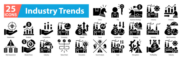 Industry Trend Icon Sheet Glyph Vector Chess, Trend, Key, Business Strategy, Industry, Analytics, Stakeholder, Analysis, Competitive, Emerging, Growth, Investment, Strategy, Industry, Benchmarking